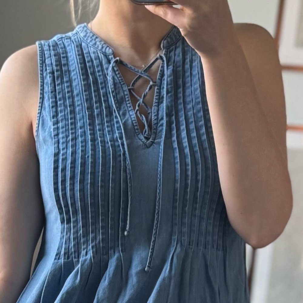 Precious Pleated Blue Jean Chambray Sleeveless Denim Dress - Picture 7 of 15